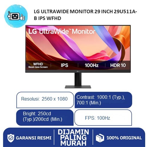 LG ULTRAWIDE MONITOR 29 INCH 29U511A-B IPS WFHD 1080P 5MS 100HZ HDR10 TILT 3Y