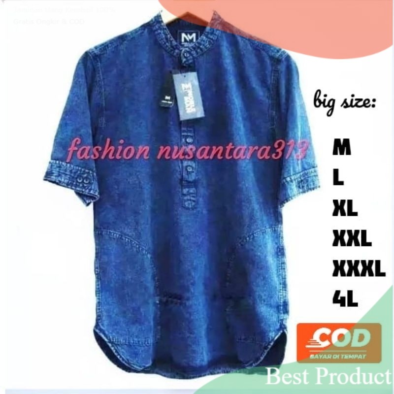 (JUMBO)Baju Atasan Kurta Jeans Pria Jumbo Lengan Pendek Polos Big Size M-XXXL/Kurta Pria Jumbo Lenga