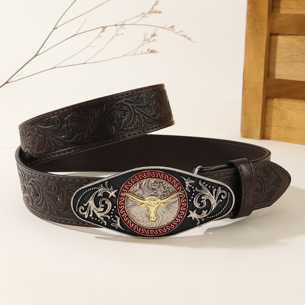 Sabuk Kulit Pria Bergaya Koboi Barat dengan Ukiran Kepala Sapi untuk Celana Jeans