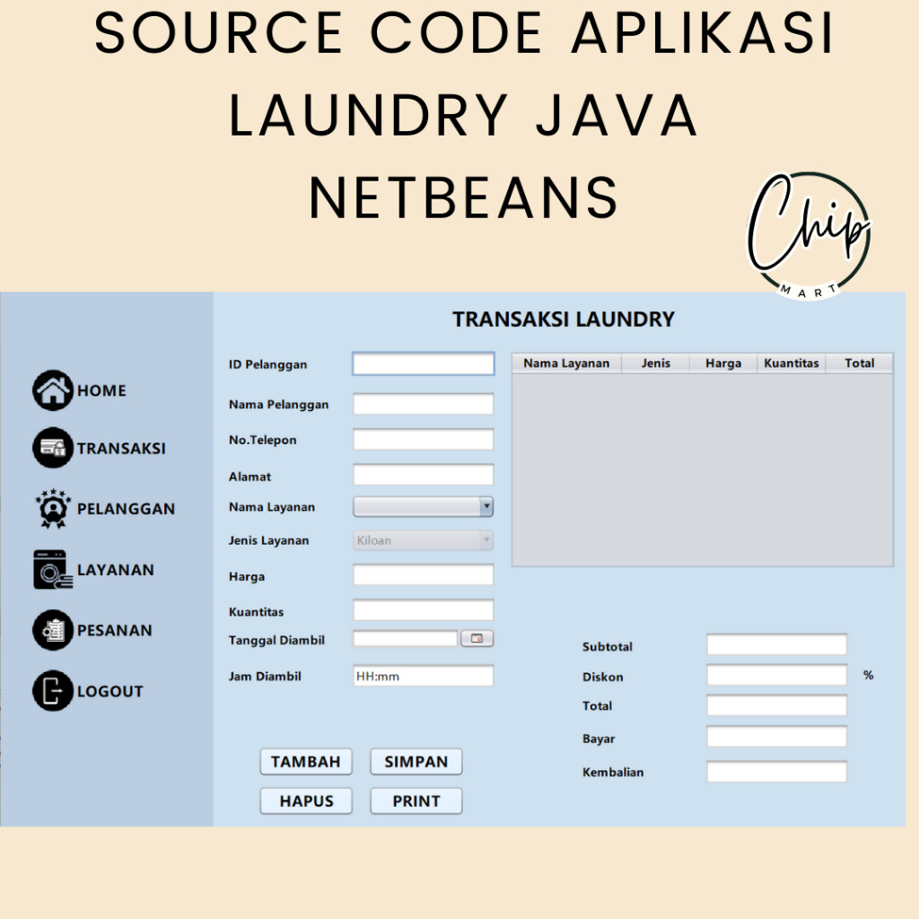 Source Code Aplikasi Laundry Netbeans CRUD – Sistem Manajemen Laundry Desktop Java NetBeans
