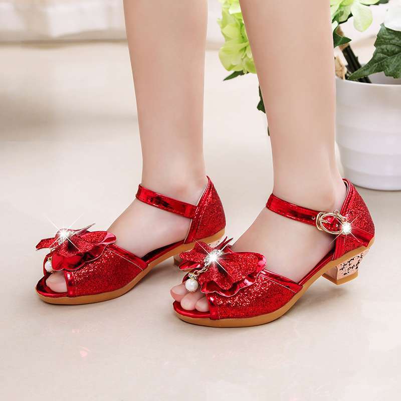 Sepatu putri untuk gadis kecil, sepatu kristal hak tinggi model peep-toe untuk anak-anak