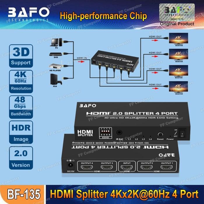 BAFO HDMI Splitter 4 Port HDMI HUB 4Port Support 4Kx2K  30 / 60 HZ BF-131 BF- 132 BF-135