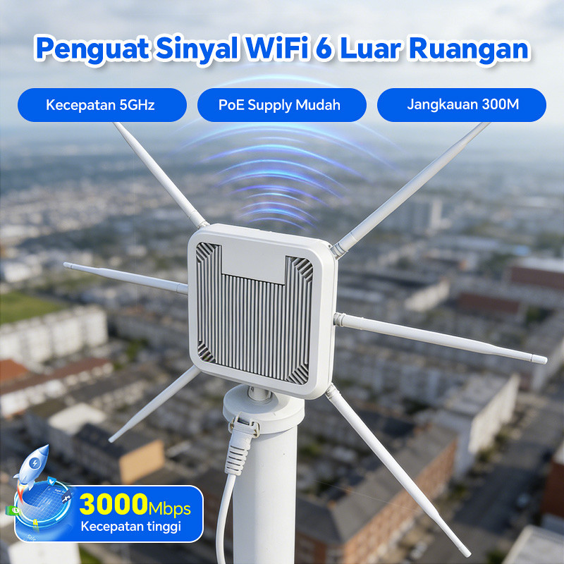 MISENI Extender WiFi 6 Outdoor 3000Mbps, Jarak Jauh 3KM, Anti Air IP67 & PoE, Dual Band 5G+2.4G, 6 A