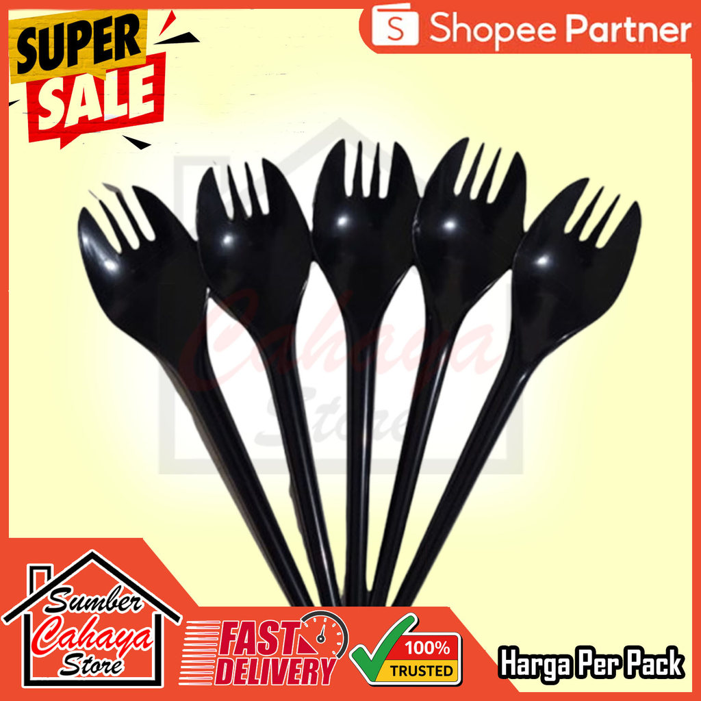 Sendok Garpu Plastik 2in1 Spork Hitam Isi 25 Pcs Sendok Makan Plastik Kombinasi Garpu Plastik Hitam 