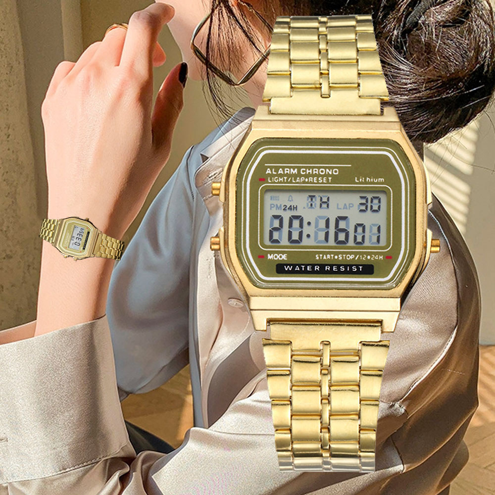 Elegant gital Wat For Women Gold Silver Stainless Steel Business Laes Electronic Wrist Wates Man Clo