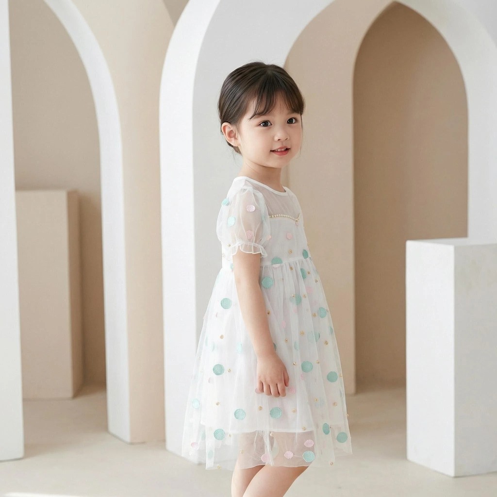 fybayi    CH013 Dress Anak Perempuan – Gaun Tile Polkadot Warna Pastel, Lengan Puff Transparan Lucu