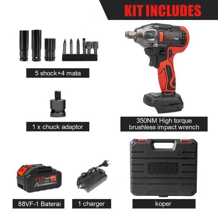 JLD 1m Cordless Impact Wrench Brushless 350N.M JV88 Baterai 88VF Mesin Bor dengan 2 Baterai Batrai i