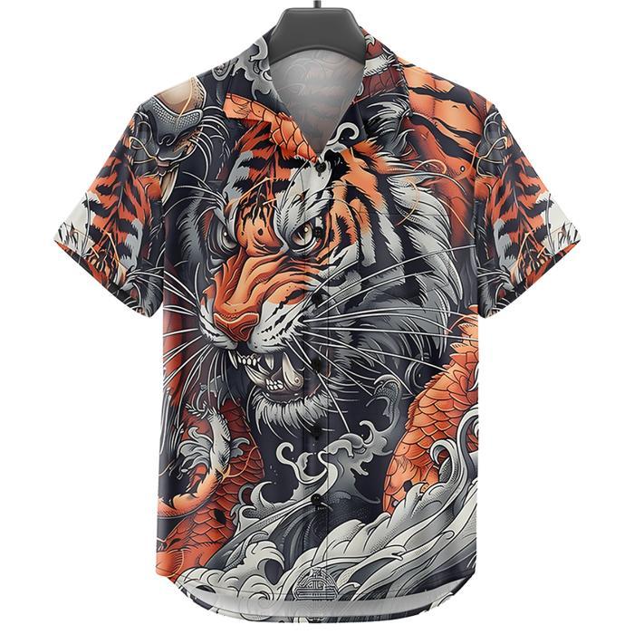 GOKS Baju Kemeja Pria Wanita Motif Full Printing Dowear Laki Laki Kekinian 501 TIGER DRAGON BLACK - 