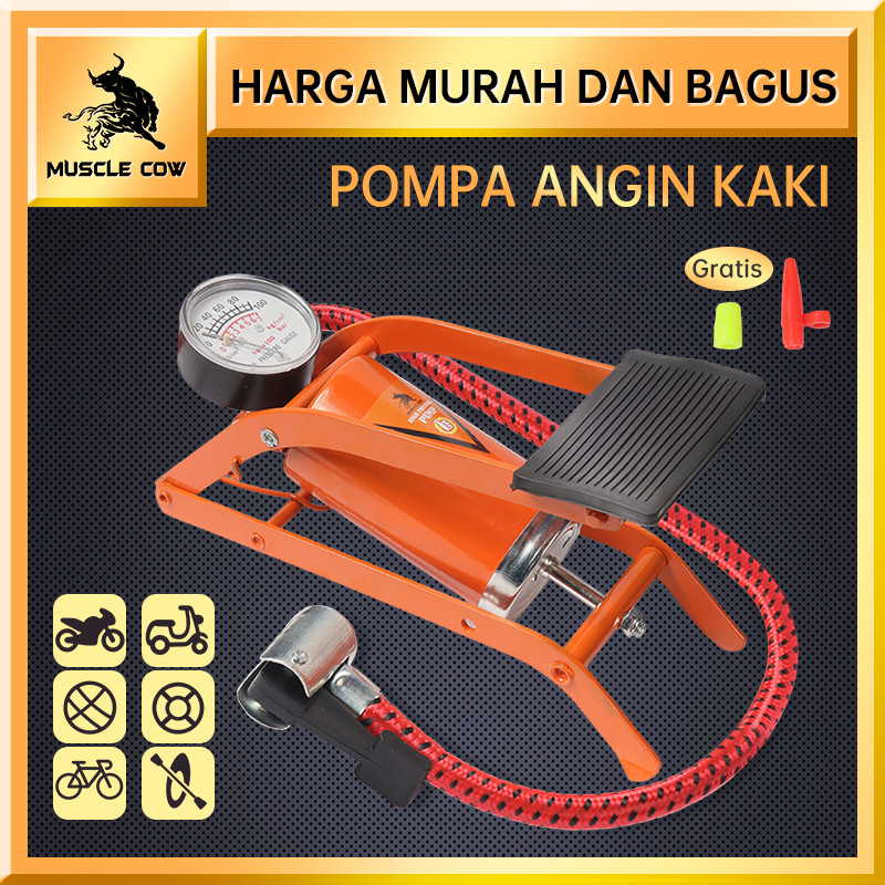 MUSCLE COW Pompa Angin Kaki dengan Manometer untuk Ban Sepeda, Motor dan Mobil Lengkap dengan Selang