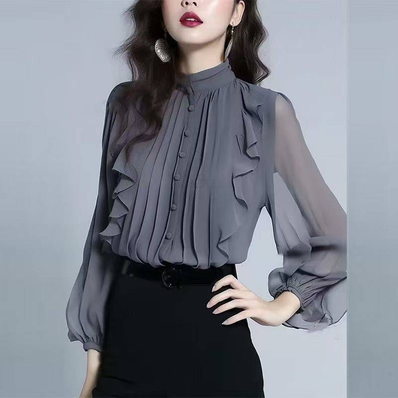 Kemeja fashion berkerah tinggi berbahan sifon mewah untuk wanita