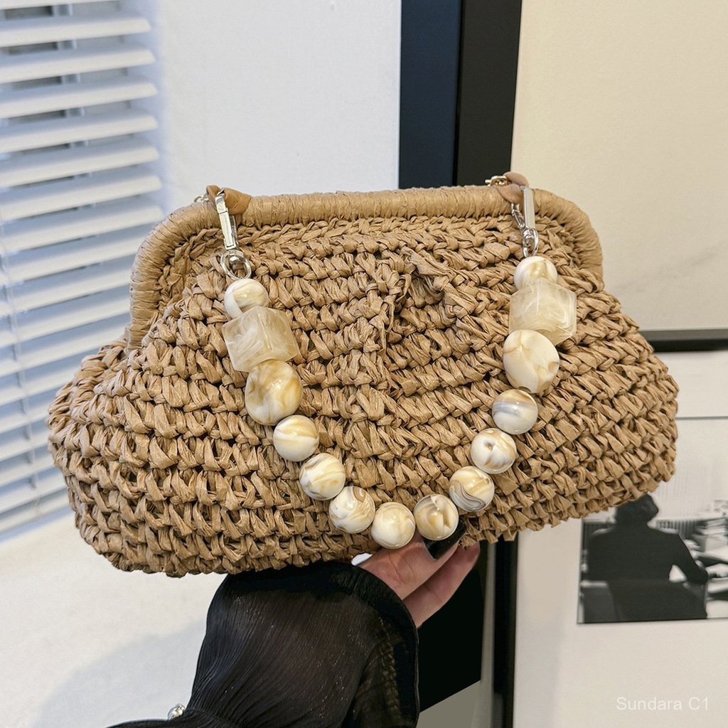 SUNDARA Tas Jerami Wanita Tas Tote Pantai Anyaman Rotan Berhias Manik‑Manik Rantai Besar Gaya Boho 2