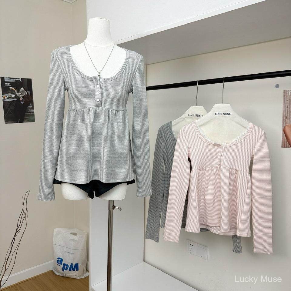 Atasan lengan panjang rajutan renda bergaris katun halus, lengan model putri berwarna abu-abu dan me