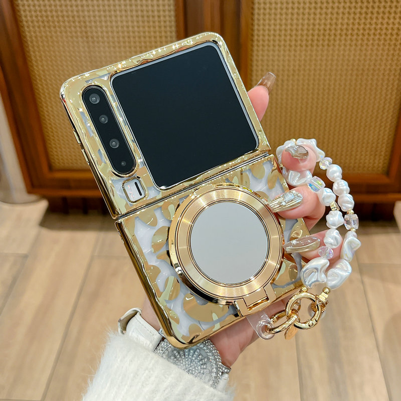 Casing ponsel lipat untuk Huawei Pura X motif Leopard, electroplated, dengan holder cermin dan gelan