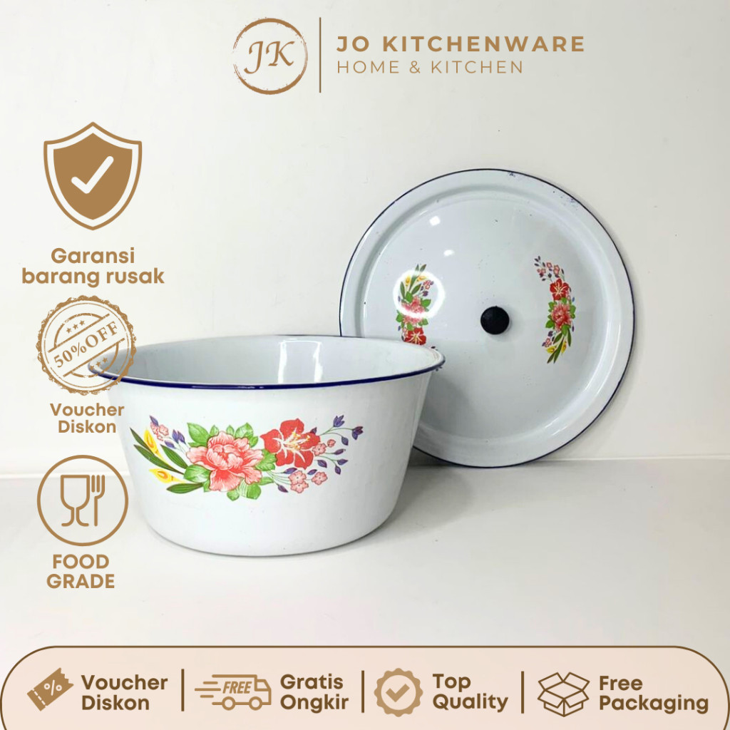 Waskom Dalam + Tutup Putih Enamel Motif Bunga (UK : 28cm) / Basi Enamel Unik / Baskom Kobokan Deco