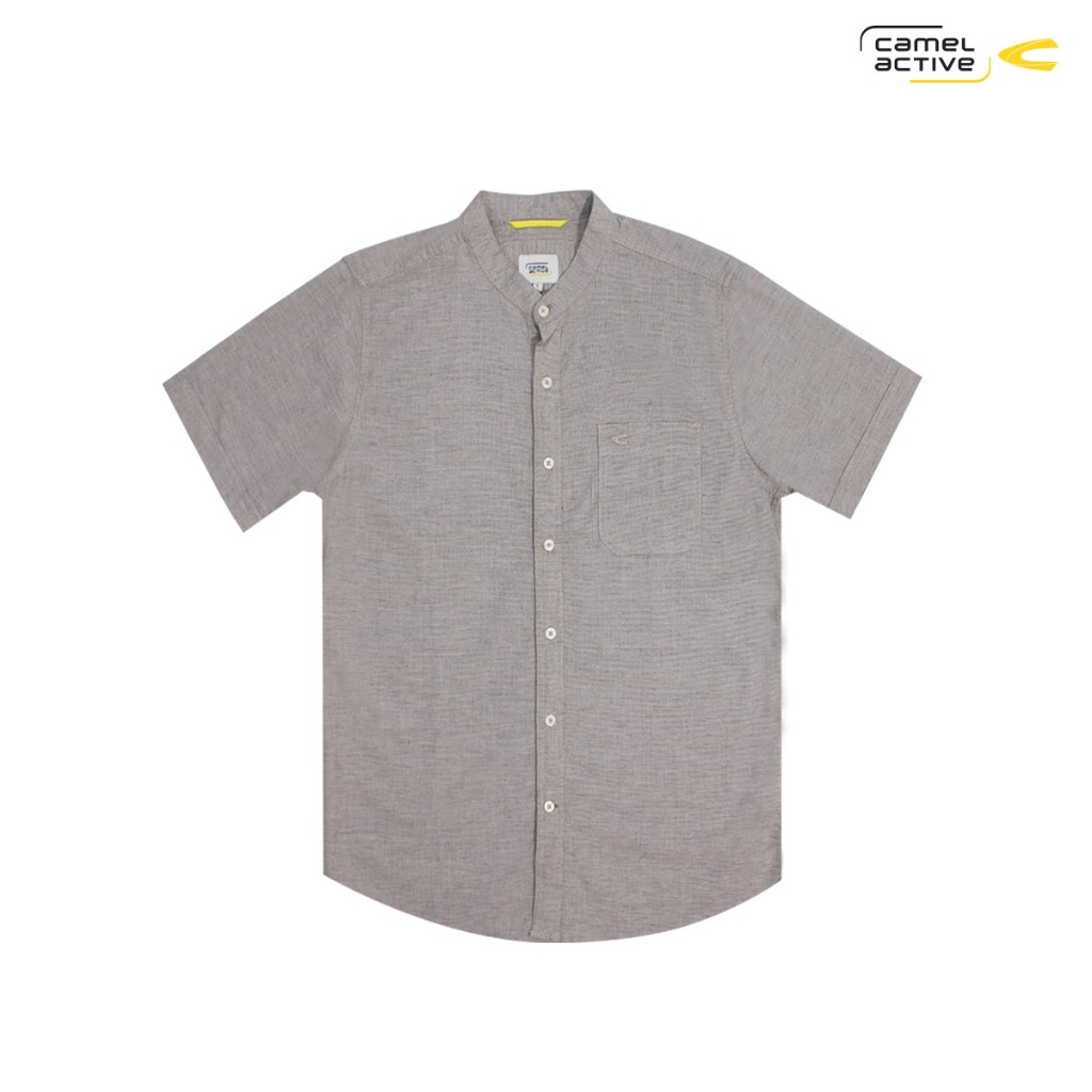 camel active Men's Henley Brown Colour Short Sleeve Shirt Cotton- Kemeja Koko