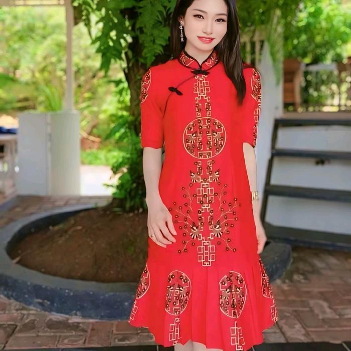 Couple Batik cheongsam Bunga Burung imlek SUPER PREMIUM - Dress merah, S