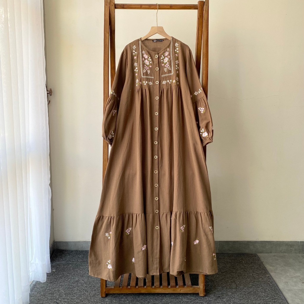 RINAYA Gamis Linen Umpak Bordir - Gamis Lengan Jumbo Balon