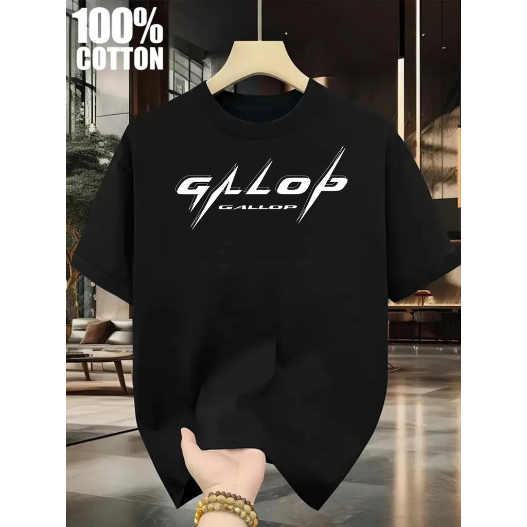 Kaos Pria GALLOP 100% Katun dengan Cetakan Logo Pacuan Kuda & GALLOP - Minimalis Hitam & Putih Jo