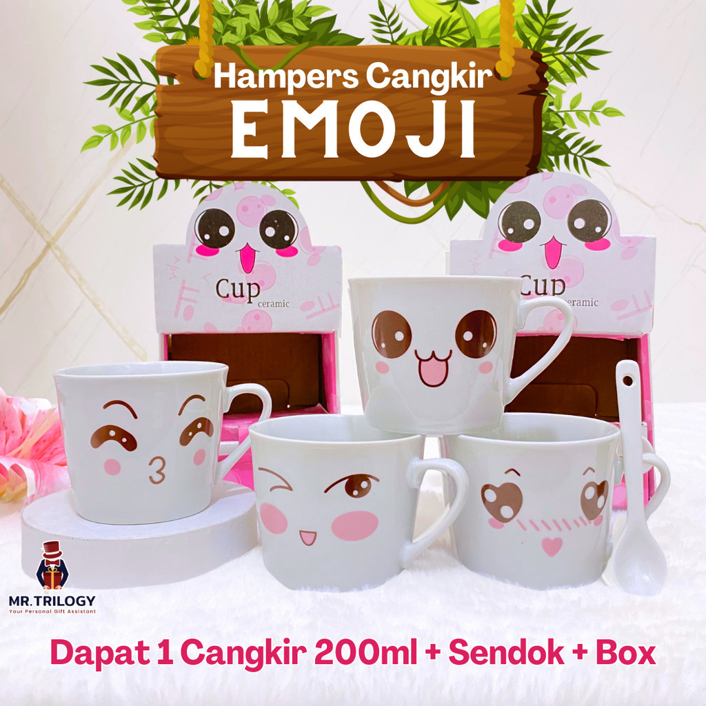 Gelas Aesthetic EMOJI Set Sendok Cangkir Set Keramik Kado Pernikahan Unik Bermanfaat / Hampers Weddi