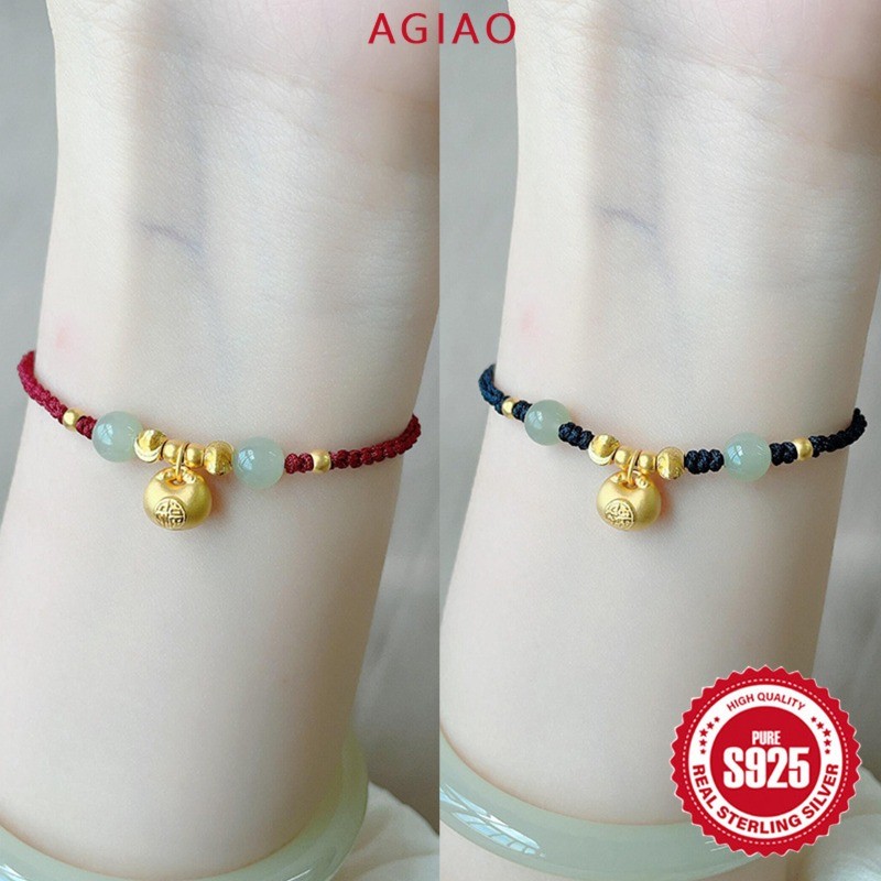 AGIAO Gelang Kaki Wanita Tali Merah Dengan Manik-manik Jade Hetian Dan Nugget Emas Kecil