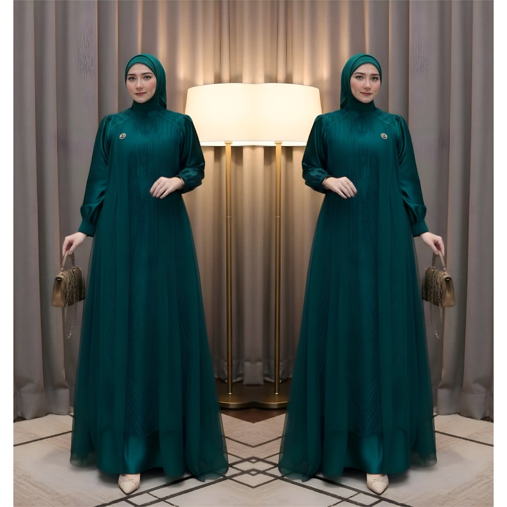 Dress Velvet Mix Brukat plus Tile Syari Baju Kondangan Terbaru Gamis Pesta Elegan Hijau Botol Maxi