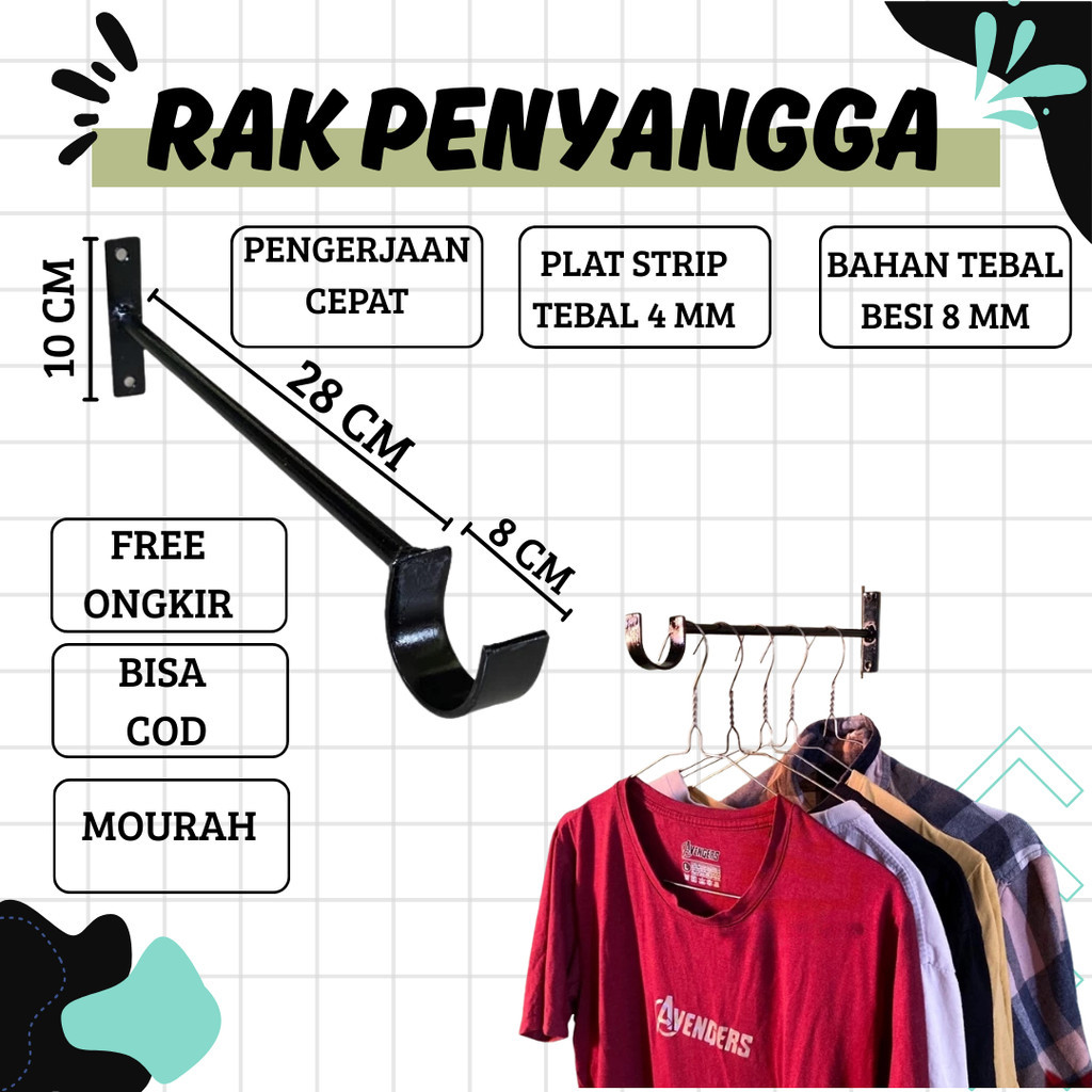 siku besi penyangga jemuran baju tempel dinding. gantungan hanger serbaguna