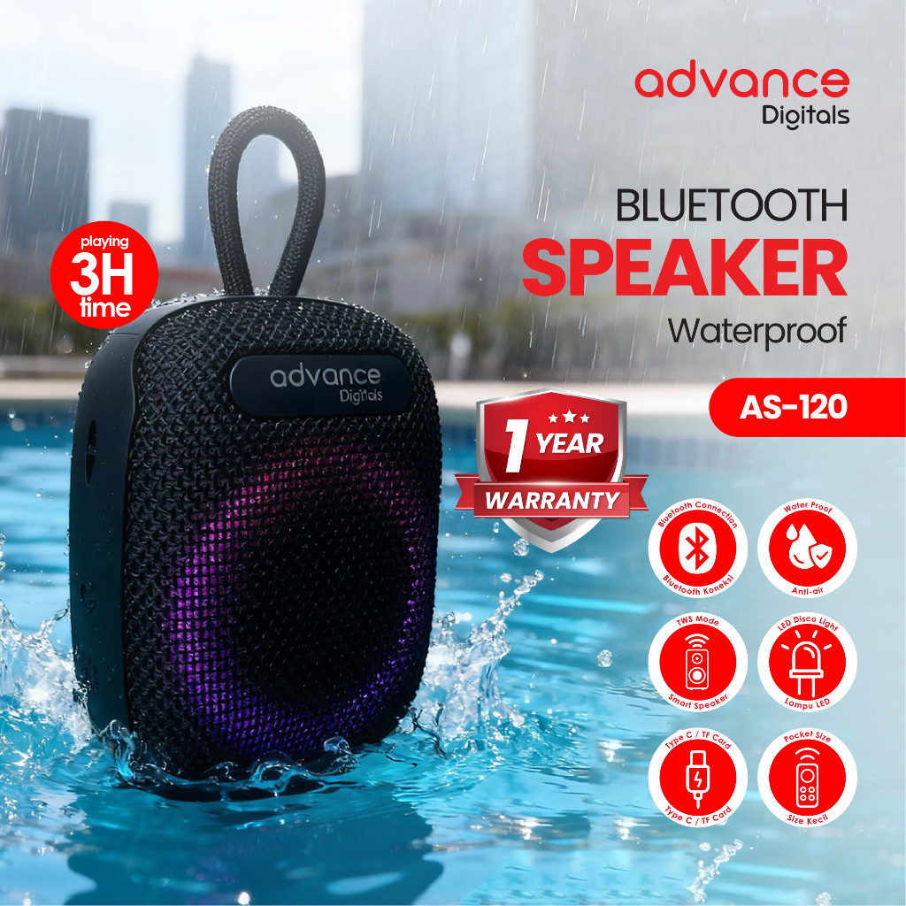 Advance Portabel Wireless Speaker AS-120 Bluetooth With RGB Light 5W TWS Stereo Wireless Outdoor Spe