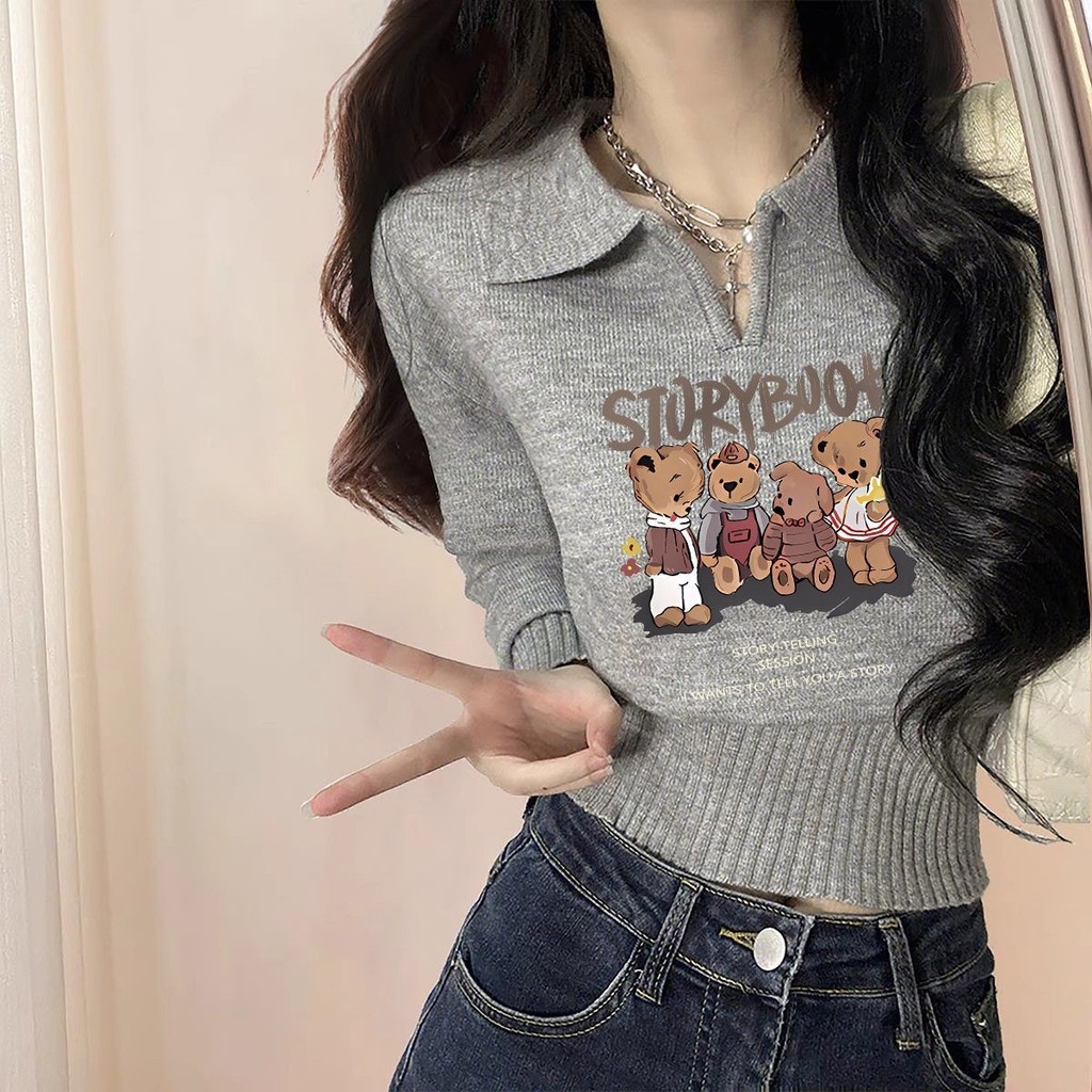 Abu-abu polo Kemeja Dasar Sweater Lengan Panjang Slim Fit Rajut Wanita