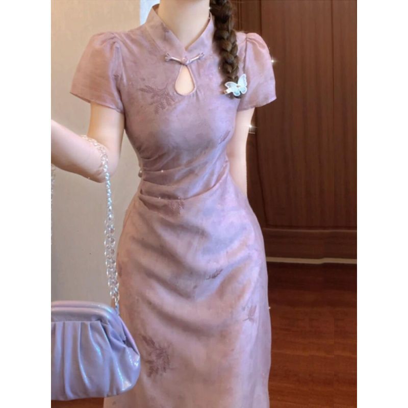 [COD]Ungu cetak yang ditingkatkan cheongsam gaun wanita