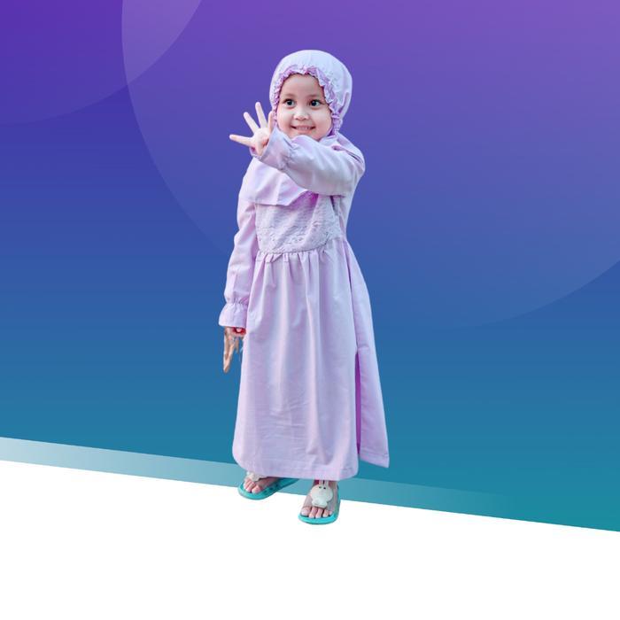 PROMO LEBARAN Gamis Kerudung Anak Aplikasi Brukat Ungu Size 1-6 Tahun Baju Katun Muslim Syari Baju a