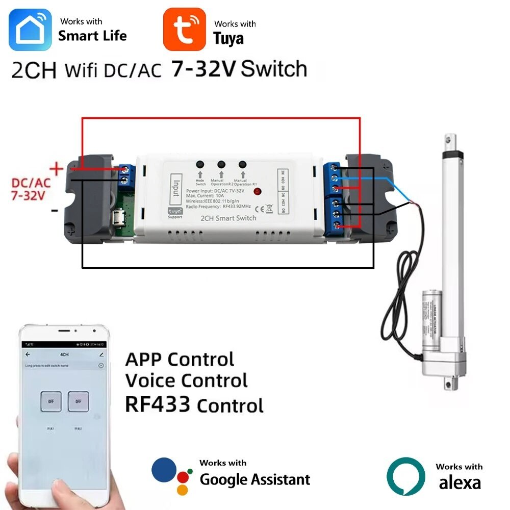Tuya Wifi Smart Switch Pengontrol Motor Aktuator Linier Elektrik, DC AC 12V 24V 32V, 110V 220V RF433