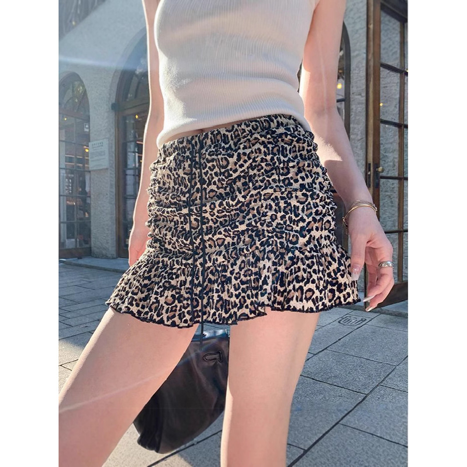 Cute Hot Label Rok wanita motif leopard dengan tali pengikat dan rumbai