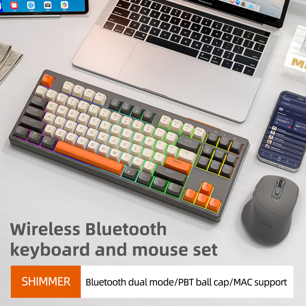 M87 Wireless Keyboard Mouse Set, 87keys Bluetooth Dual Mode Keyboard Mouse Kit with Rainbow-light RG