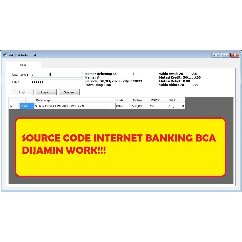 SOURCE CODE INTERNET BANKING BCA (BACA MUTASI BCA) VB.NET, DIJAMIN WORK