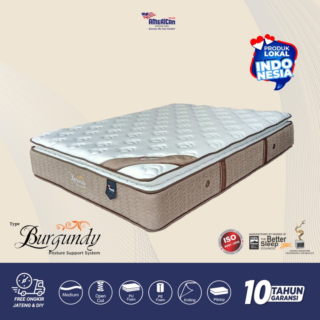 Kasur Springbed American Pillo Type Burgundy Pillo Top Garannsi 10 Tahun ( Hanya Kasur )