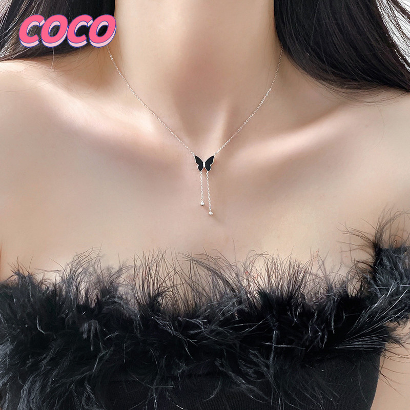 Kalung Kupu-kupu Hitam Kalung Titanium Kalung Wanita Liontin Panjang Anti Karat Anti Luntur Kalung R