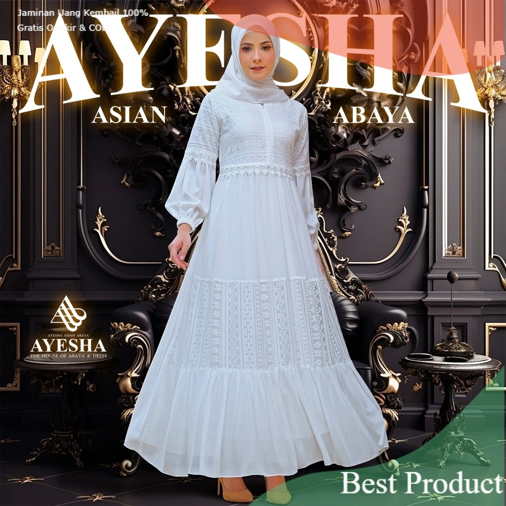AYESHA Gamis Putih Brukat Wanita Mewah Elegan Terbarupakaian wanita lainnya