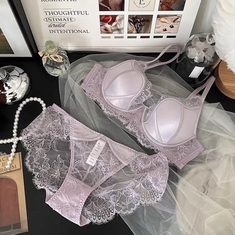LadyAllure COD Set Bra & Celana Dalam Satin Renda Ungu Muda Gaya Perancis - Bra dengan Kawat untuk P