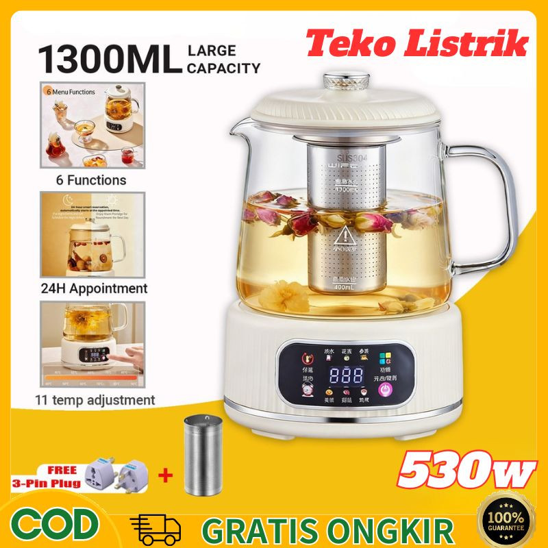 [COD] Teko Listrik Kaca Food-Grade 1.3L, Bahan Kaca Low Watt 530W, Aman Untuk Susu Bayi, Anti Bau & 