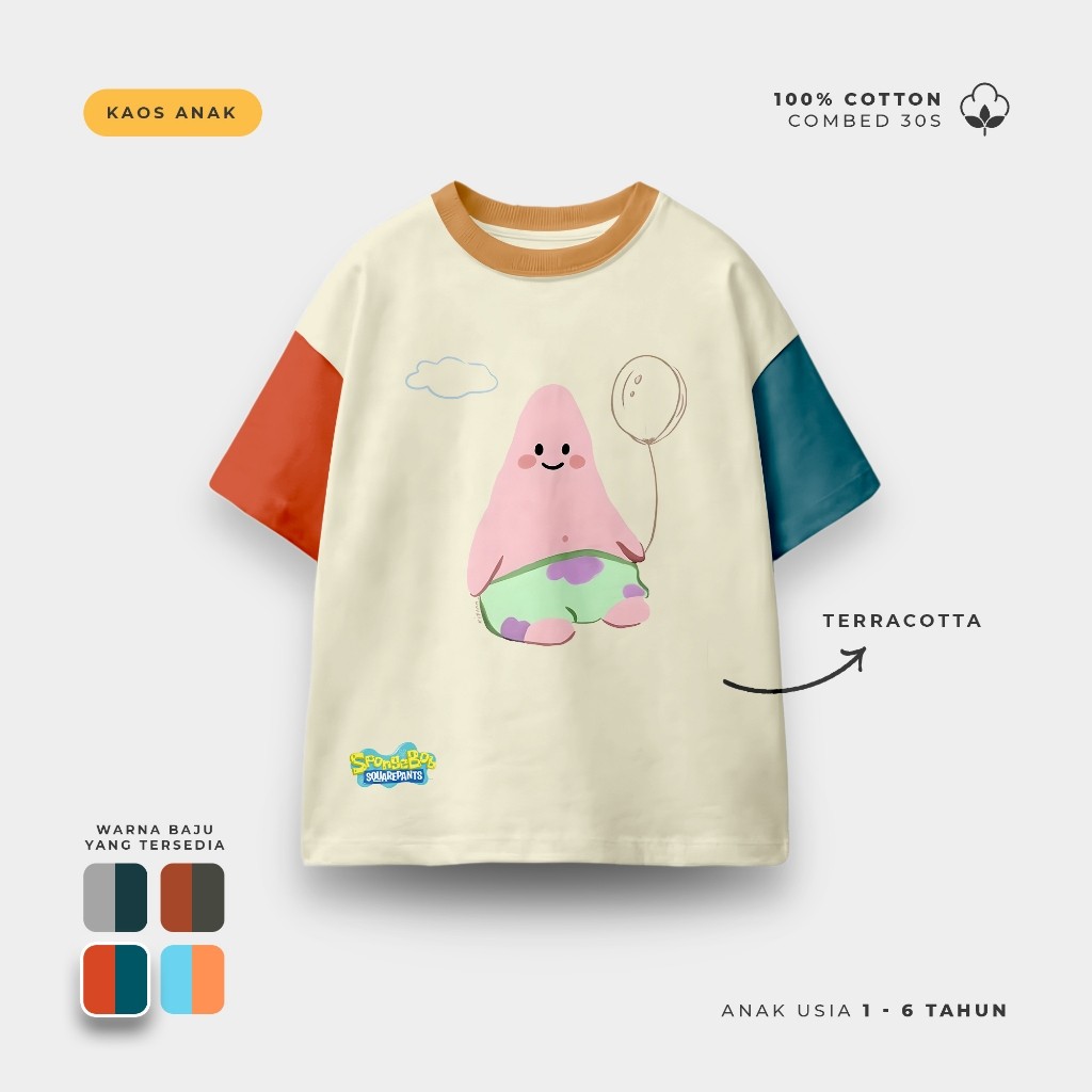 Kaos Anak Lengan Pendek Baju Anak Ula Kids Kaos 3 Tone Patric Spongebob Usia 1 - 6 Tahun Hoodie Joss