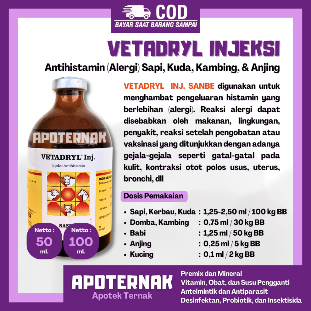 VETADRYL 50ml Vetadryl 100ml - Antihistamin Obat gatal dan Obat Alergi Makanan Lingkungan untuk Sapi