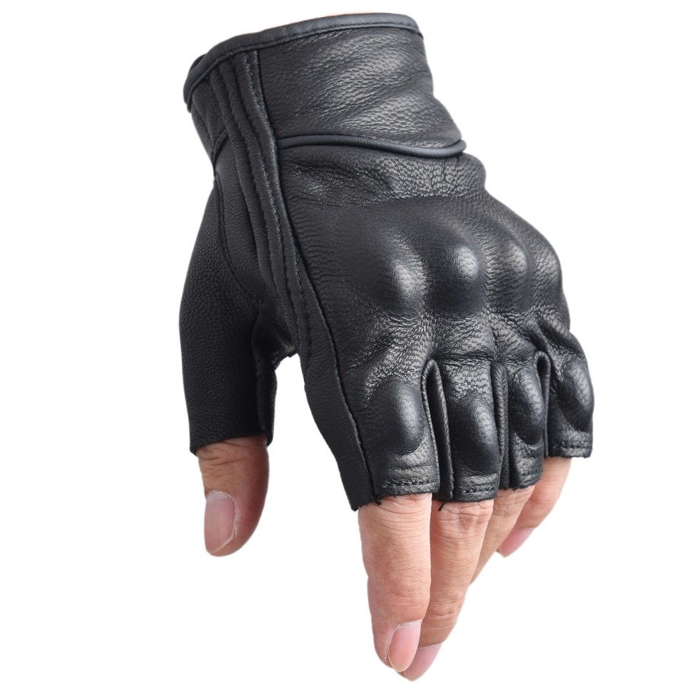 Motorcycle Gloves Leather Motor Riding Gloves Half Finger for Men Fingerless Gloves Black