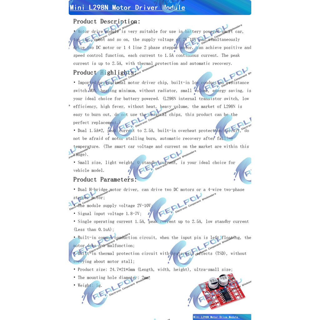 MX1508 DC Motor Driver Module DC 2V-10V 1.5A 2-Way PWM Speed Dual H-Bridge Stepper Motor Driver L298