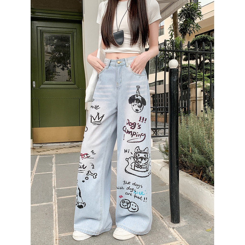 KATERMENCelana jeans wanita ukuran besar gaya Korea pinggang tinggi motif grafiti celana jeans lebar