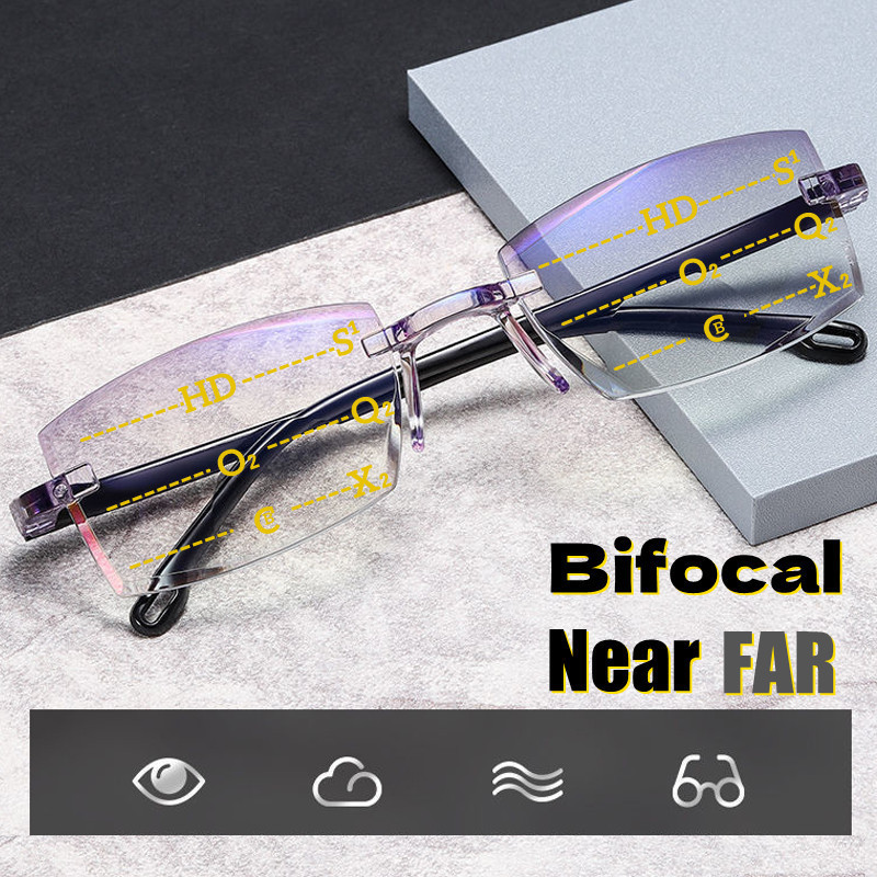 2PCS Rimless Bifocal Progressive Reading Glasses Men Women Near and Far Anti-blue Light Eyesglasses 