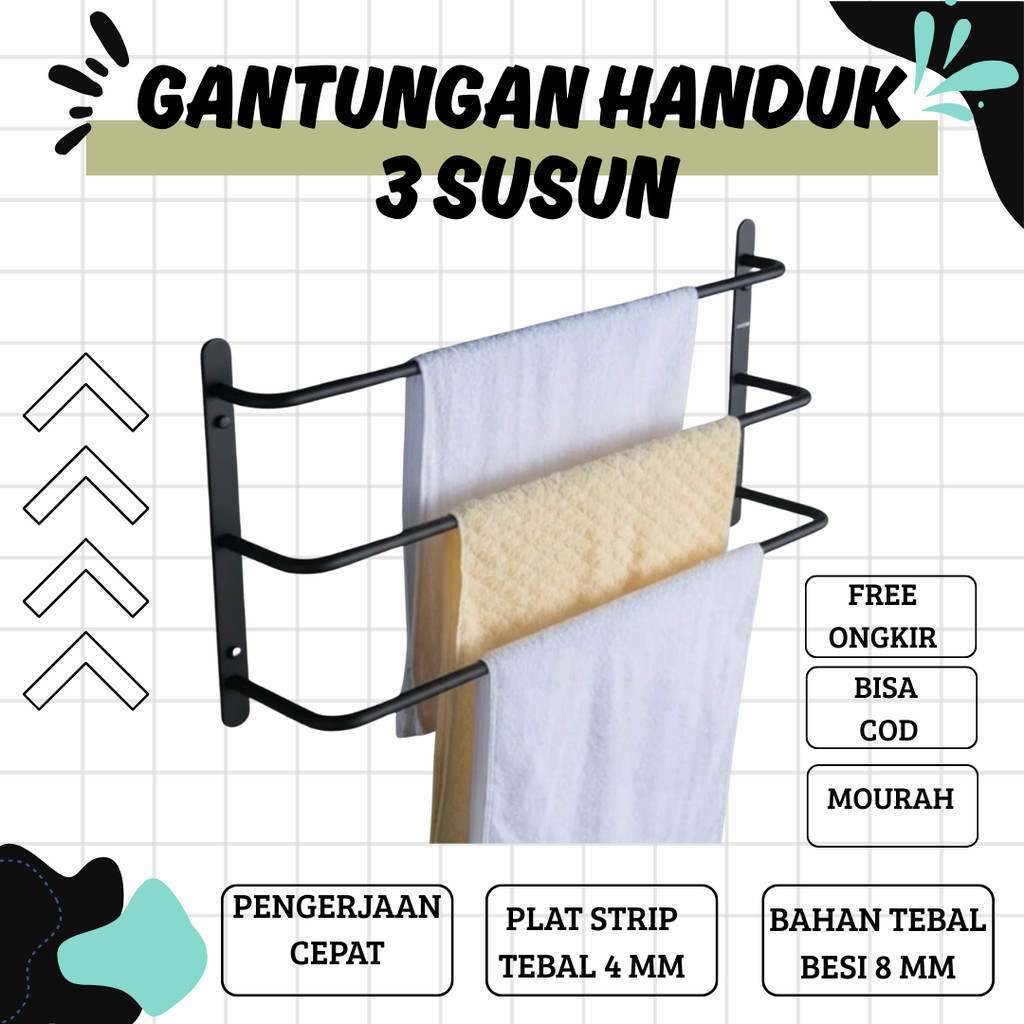 Gantungan handuk 3 susun / Rak handuk kamar mandi 3 susun / gantungan handuk tempel dinding