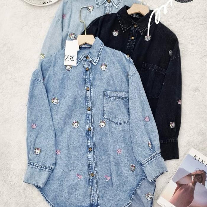 Kemeja denim oversized wanita marie cat kepala kucing full bordir soft jeans ld 120 - Hitam