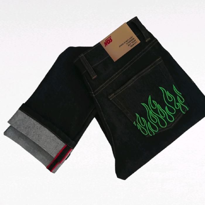 celana selvedge raw denim green fire black 14 oz - black fire green, 26