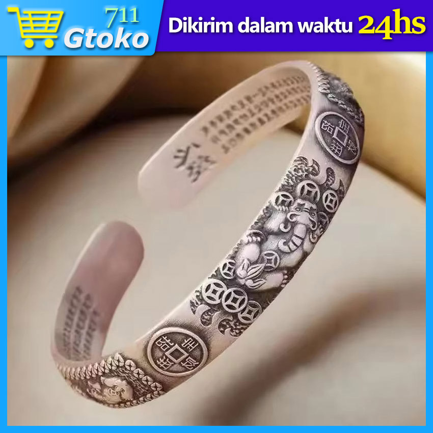 Gelang Plat Ukir Naga Gelang Bangle Pria Motif Pixiu Koin Silver Gold Gaya Etnik Dragon Bangle Cuff 