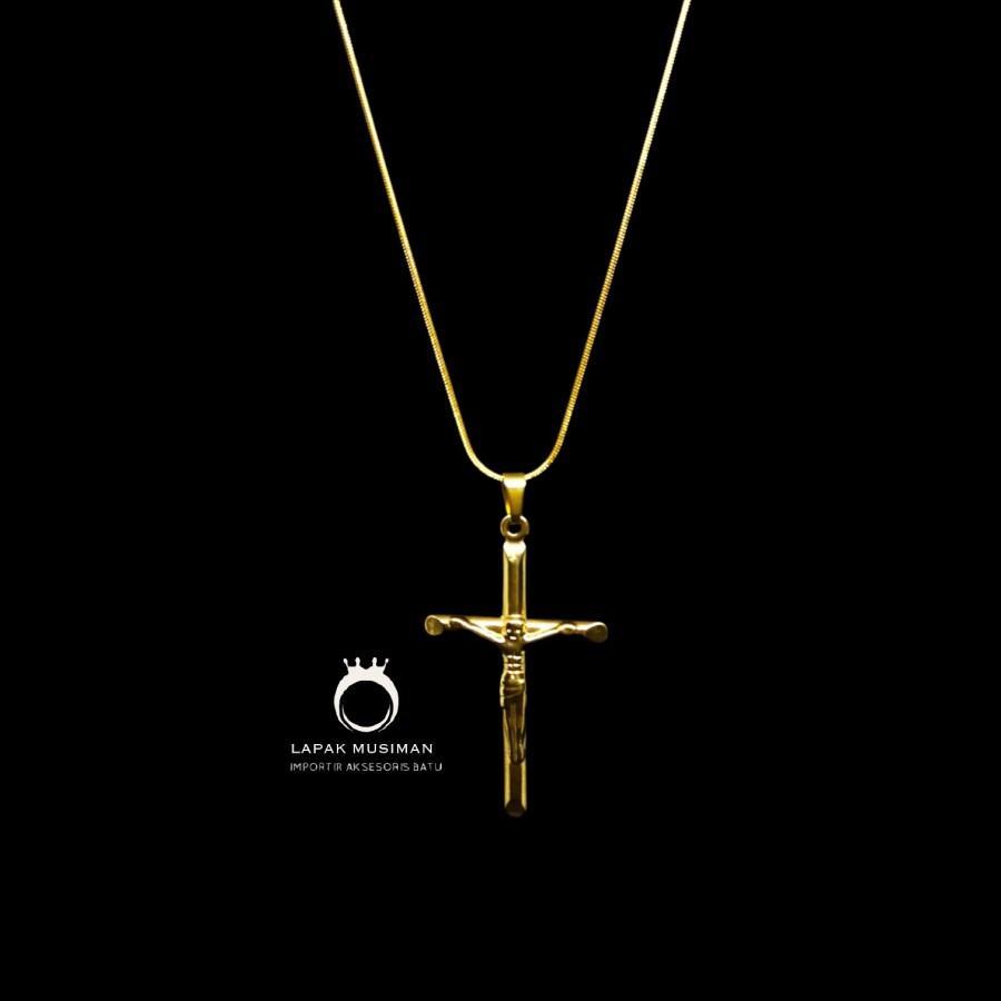Kalung Pria Wanita Titanium Gold Kuning Model Salib Anti Karat Asli